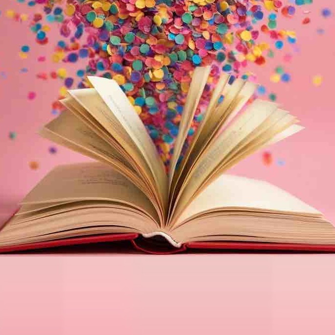 An open book with confetti bursting from its pages